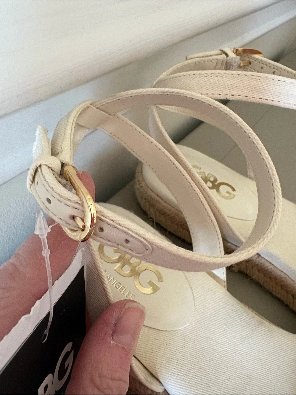 GBG Los Angeles Cream Espadrille Wedge Sandals with Gold G Emblem